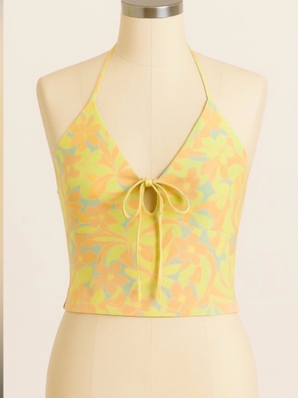 Nicole Miller Pastel Floral Halter Crop Top Deep V Tie Front Size M